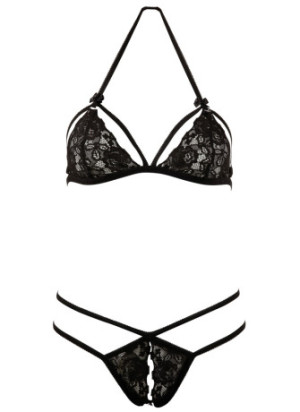 Soutien-gorge en dentelle noire avec bonnets détachables et string - R221125410